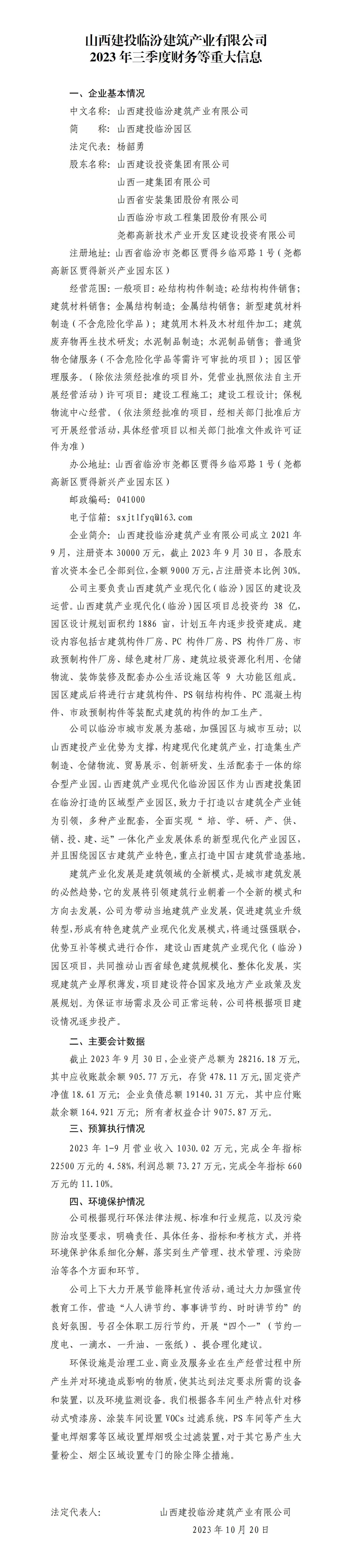 山西建投臨汾建筑產(chǎn)業(yè)有限公司2023年三季度財(cái)務(wù)等重大信息