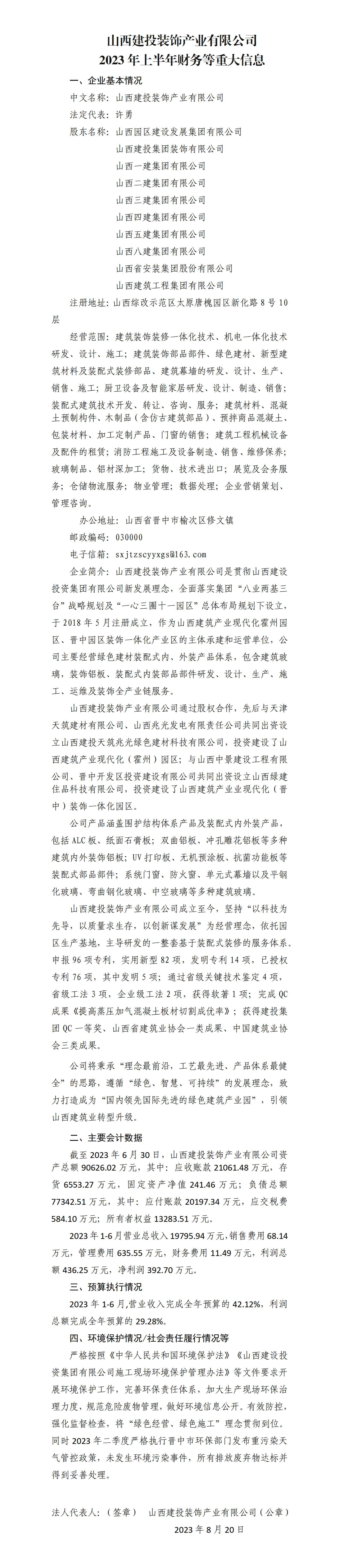 山西建投裝飾產(chǎn)業(yè)有限公司2023年上半年財(cái)務(wù)等重大信息