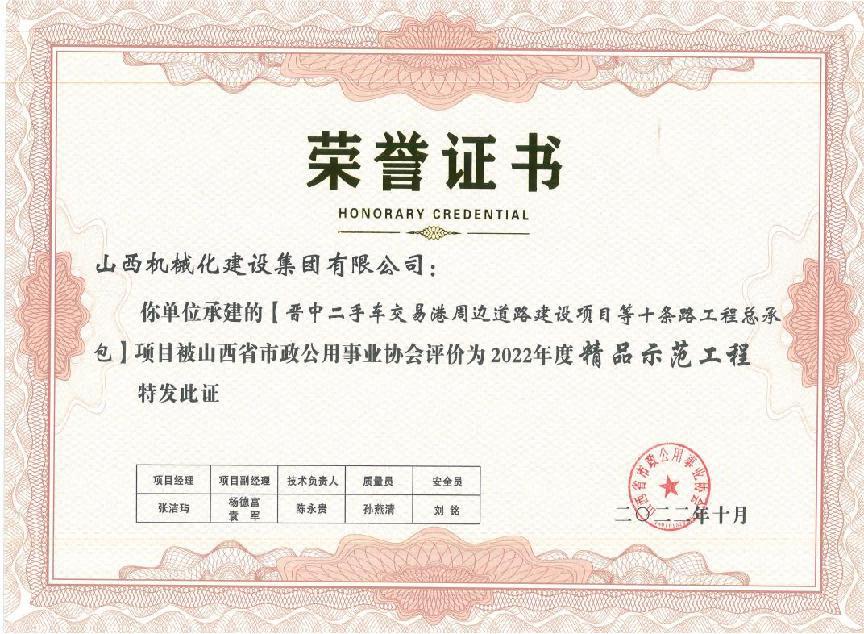 山西建投機(jī)械化集團(tuán)4個(gè)項(xiàng)目獲評2022年度“精品示范工程”