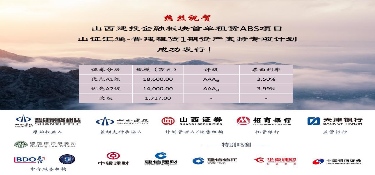 山西建投晉建國際融資 租賃公司“山證匯通－晉建租賃1期資產(chǎn)支持專項計劃”成功發(fā)行