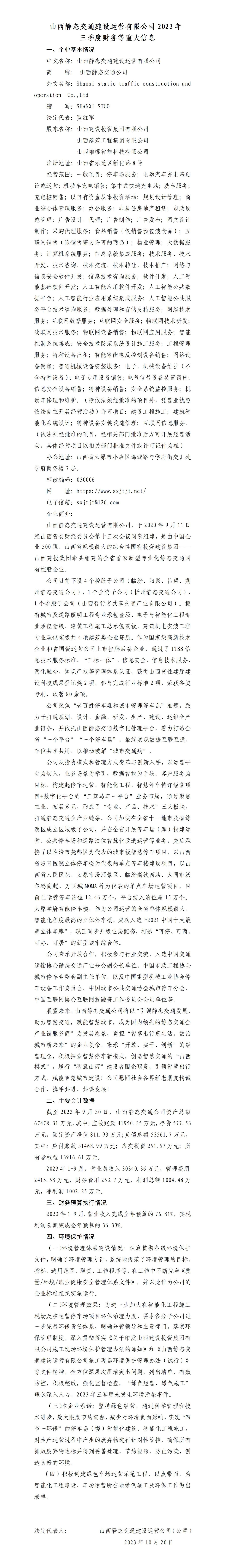 山西靜態(tài)交通建設(shè)運(yùn)營有限公司2023年三季度財務(wù)等重大信息