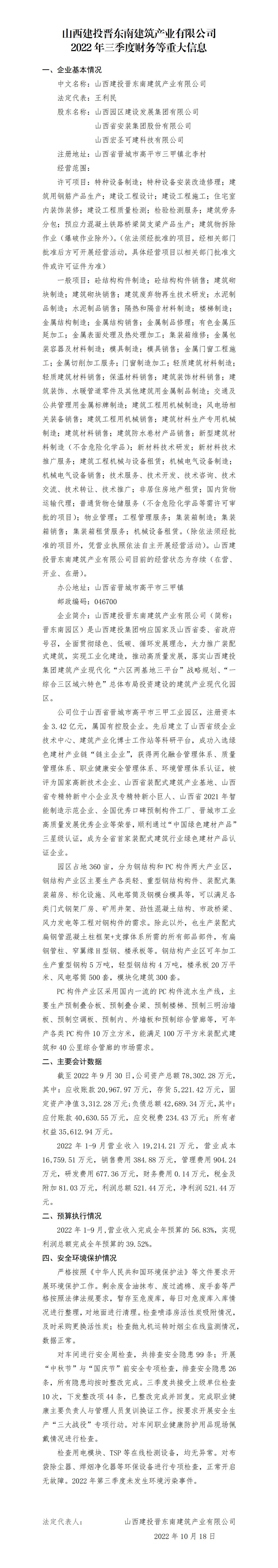 山西建投晉東南建筑產(chǎn)業(yè)有限公司2022年三季度財(cái)務(wù)等重大信息
