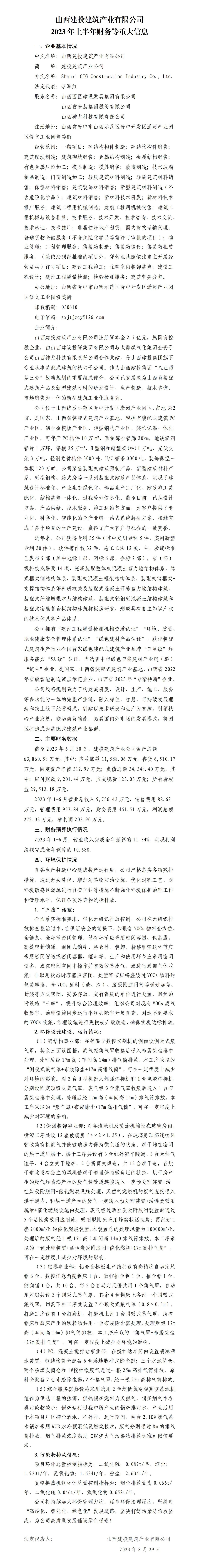 山西建投建筑產(chǎn)業(yè)有限公司2023年上半年財(cái)務(wù)等重大信息