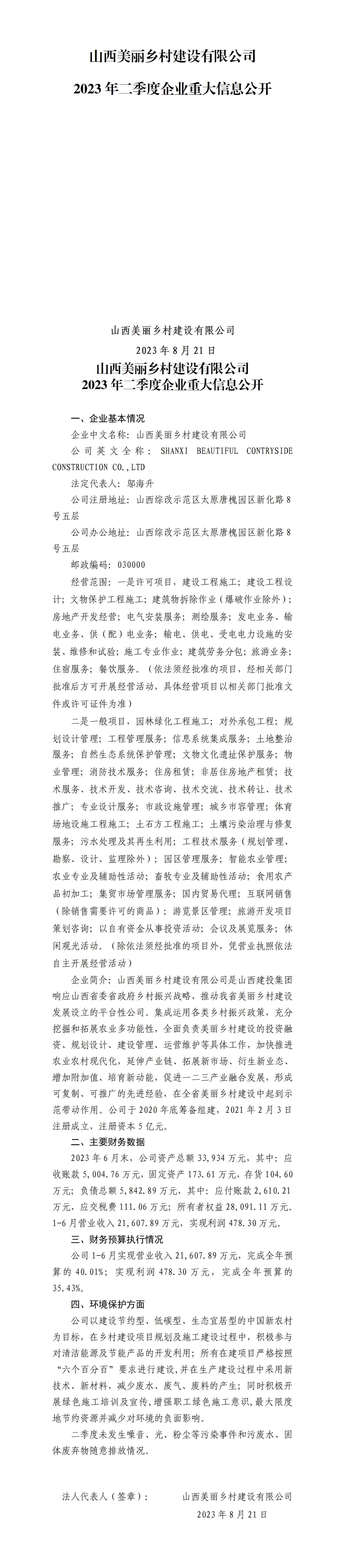 山西美麗鄉(xiāng)村建設(shè)有限公司2023年二季度企業(yè)重大信息公開