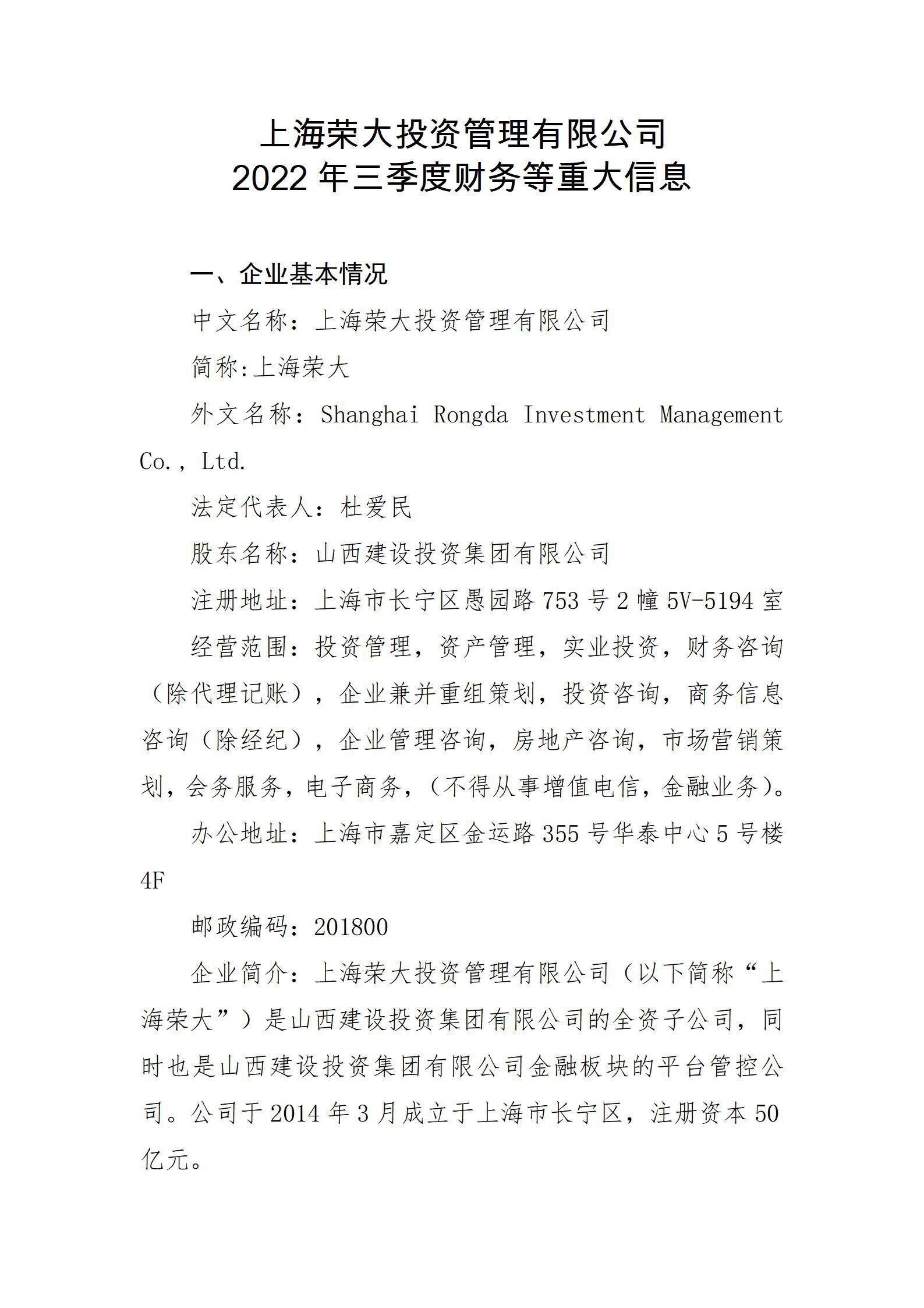 上海榮大投資管理有限公司2022年三季度財務(wù)等重大信息