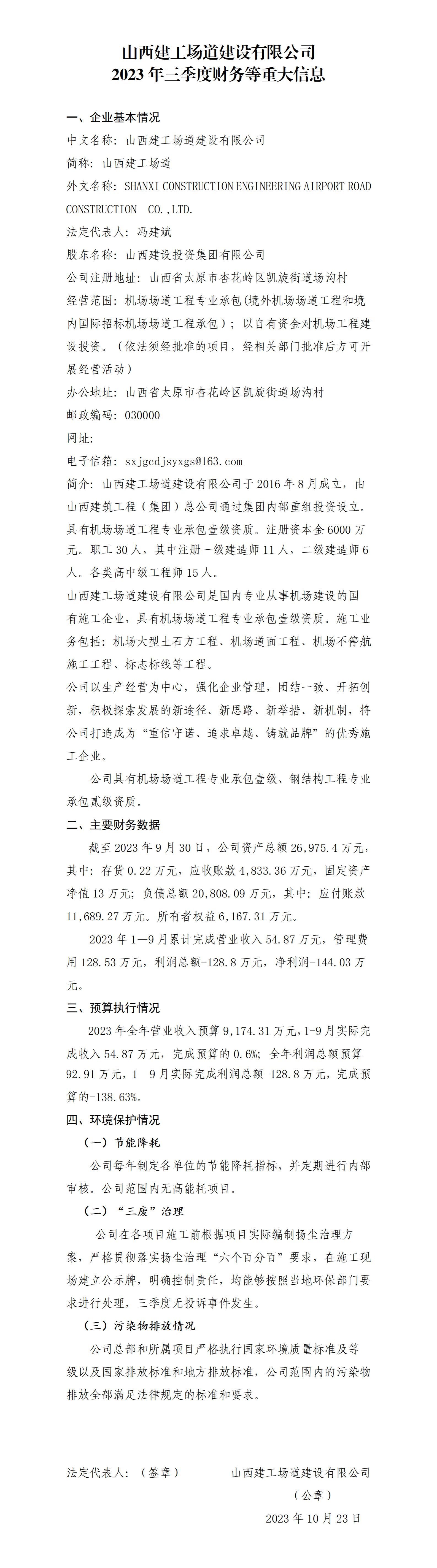山西建工場(chǎng)道建設(shè)有限公司2023年三季度財(cái)務(wù)等重大信息
