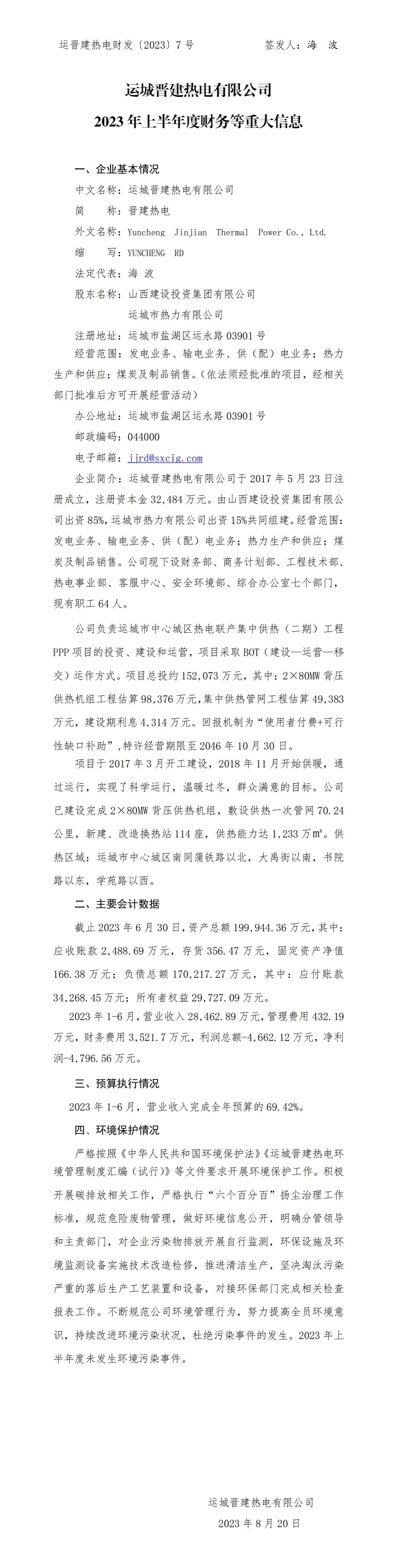 運(yùn)城晉建熱電有限公司2023年上半年度財務(wù)等重大信息